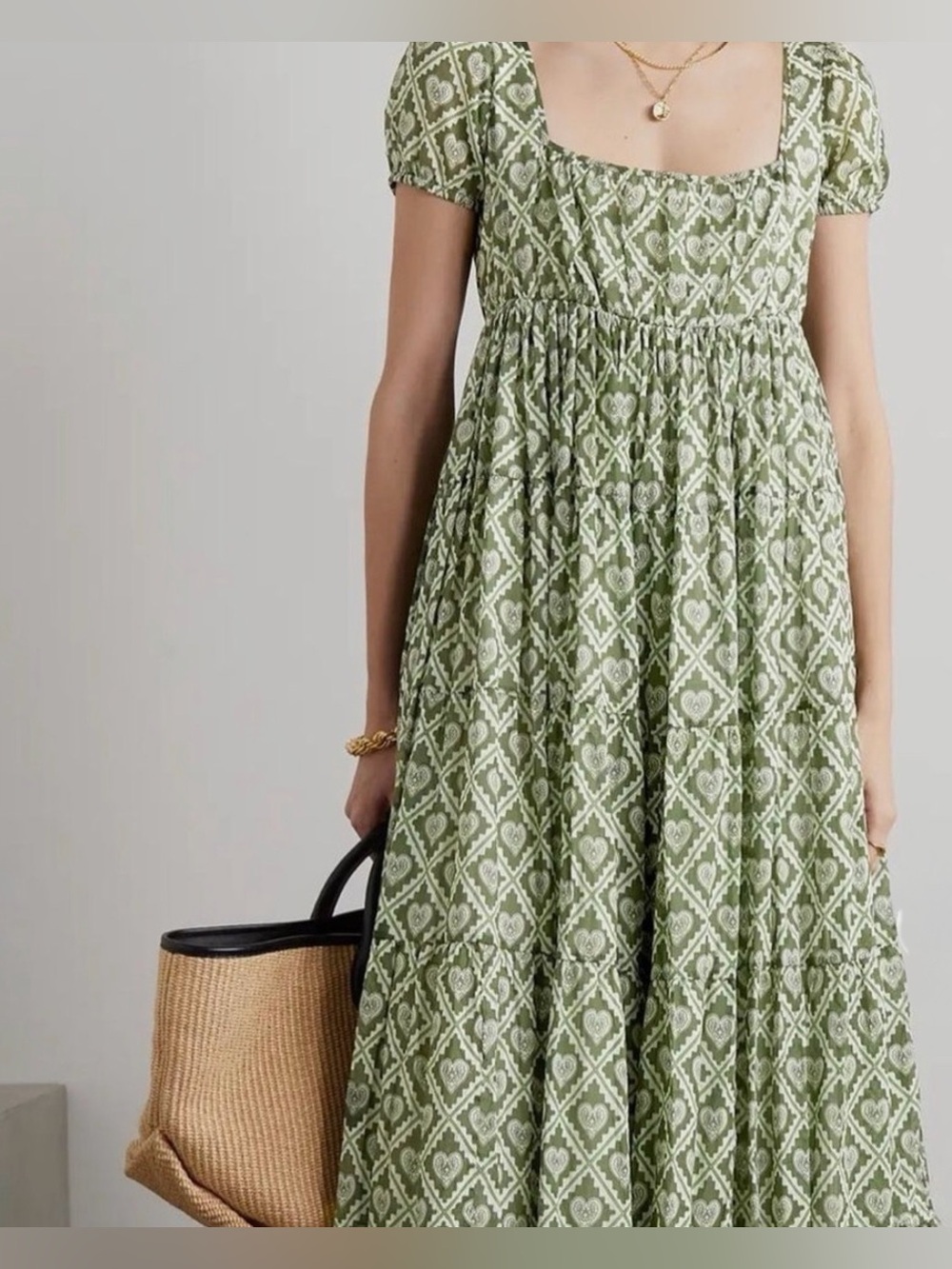 RHODE Olive Green Printed Square-Neck Maxi Dress